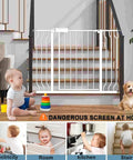 Adjustable White Baby Gate For Indoor Use Expands From 24 To 29 Inches 30 Inches Tall Safe Walk Through Barrier For Doorways Stairs Banisters And Pets Easy Install For Homes in living room with baby and dog.