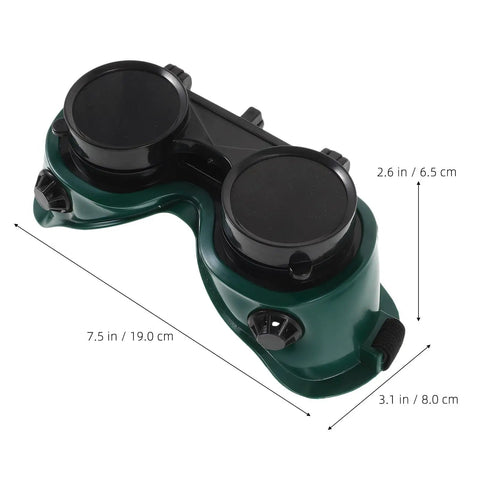 Kickass Dual Flip Up Welding Goggles Built Tough As Nails With Impact Resistance, top view showing two green filter lenses and dimensions.