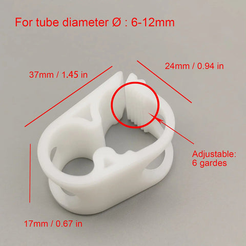 Adjustable lab style pipe holder for 6-12mm tubes, showing dimensions. Part of Ten Piece Adjustable Tubing Clamps Set For One Quarter To One Half Inch Flexible Tubes With Handy Flow Control Siphon Clip Lab Style Pipe Holder For Easy Beer Brewing And Home Wine Making.