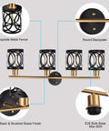 Four-light modern farmhouse vanity light with metal cage in black, brass finish, and E26 base displaying industrial style.