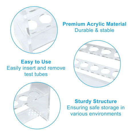 Clear Acrylic Test Tube Rack With 6 Holes For 16mm Tubes shown with acrylic material, easy tube insertion, and sturdy structure.