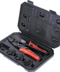 Ratchet Crimping Tool Set with four interchangeable dies in a black case, designed for heat shrink terminals and ferrules, 10-22 AWG copper wire use.
