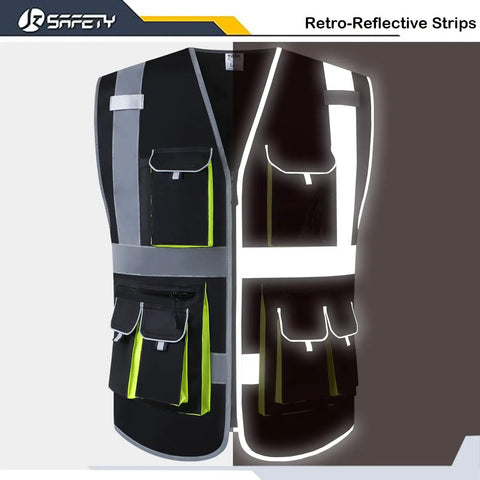 Image of Ten Pocket High Visibility Safety Vest With Zipper Front Black Reflective Strips Breathable Polyester