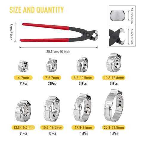 Single-ear hose clamp kit with 304 stainless steel clamps and ear clamp pincer, 150 pcs, sizes 6–23.5 mm