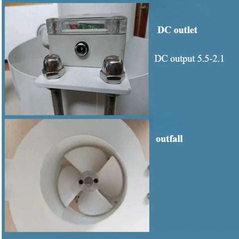 Axial Flow Hydroelectric Generator For 12-24V Systems showing DC outlet and turbine outfall