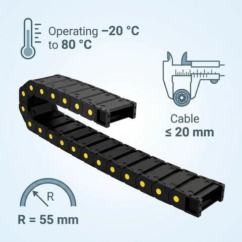 Enclosed Cable Drag Chain 25 By 77 Millimeters, 4 Pack, 1 Meter Long, Flexible Wire Carrier With Operating Range and Cable Size Symbols