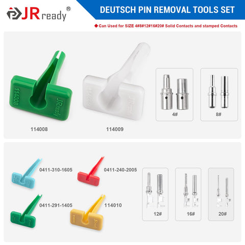 Deutsch Pin Removal Tool Kit for 4 8 12 16 20 solid and stamped contacts 6 22 AWG, 12-piece color-coded extraction tools.