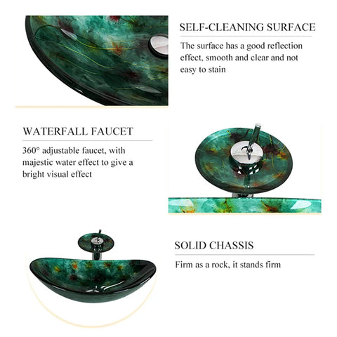 Top Drawer Green Oval Tempered Glass Vessel Sink For Stylish Bathroom Vanity Refresh Above Counter Wash Basin With Pop Up Drain and waterfall faucet