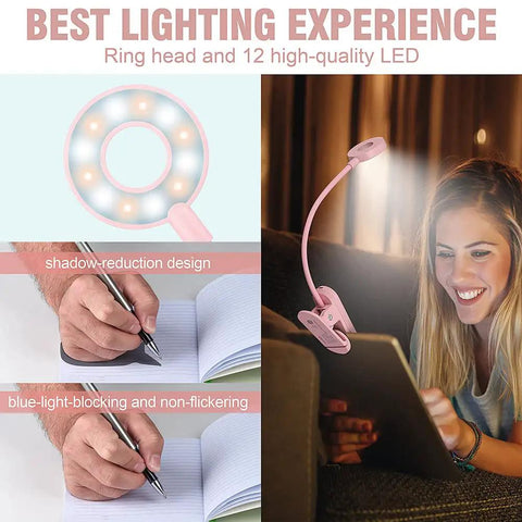 Stepless Dimming Clip On Book Light With 12 LEDs Magnetic Clip Rechargeable Reading Lamp in use by reader at night