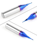 Solid Carbide O Flute CNC Router Bit with 1/4 Inch Shank, nano blue coating, single flute end mill for acrylic, aluminum, and wood cutting.