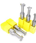 Five tungsten steel alloy milling cutters with yellow plastic sleeves; angled front view