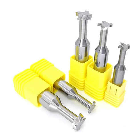 Five tungsten steel alloy milling cutters with yellow plastic sleeves; angled front view