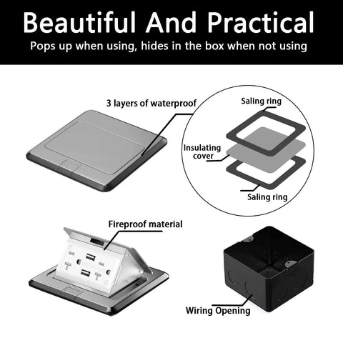 Pop Up Floor Box Waterproof Floor Outlet Kit With 20A USB Chargers And Tamper Resistant Receptacle Hidden Electrical Outlet