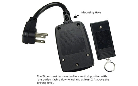 Super Tough Weatherproof Remote Outlet Power Strip With 100 Foot Wireless Range shown with timer, remote, and mounting hole details.