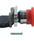 Straight Up Heavy Duty Emergency Stop Push Button Switch Paired With 1NC Contact Block, 22mm size, red button, designed for safe control operations.