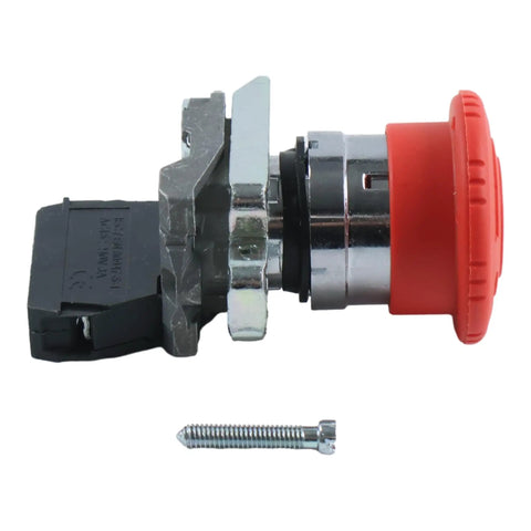 Straight Up Heavy Duty Emergency Stop Push Button Switch Paired With 1NC Contact Block, 22mm size, red button, designed for safe control operations.