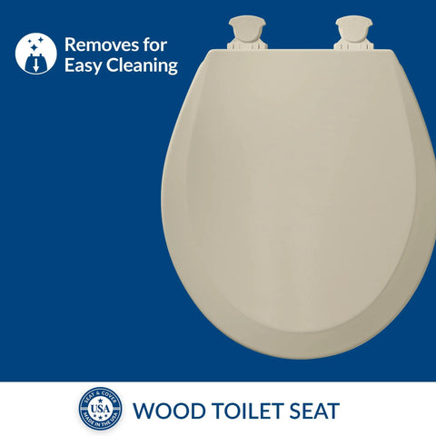 Durable Wood Toilet Seat With Easy Clean Hinges Round Bone Finish Made In USA Easy Release For Deep Cleaning Smooth Contours