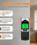 6 in 1 Stud Finder Wall Scanner-Electronic Stud Detector with Magnetic Sensor,LCD Display&Sound Alarm for Wood,Metal,AC Wire,Pipe Detection,3 Depth Modes-Black with green screen on wall.