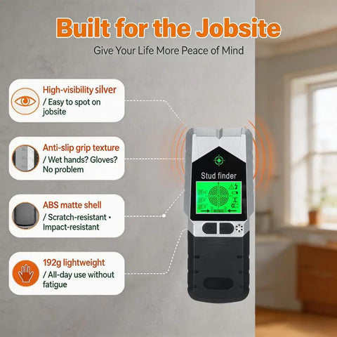 6 in 1 Stud Finder Wall Scanner-Electronic Stud Detector with Magnetic Sensor,LCD Display&Sound Alarm for Wood,Metal,AC Wire,Pipe Detection,3 Depth Modes-Black with green screen on wall.