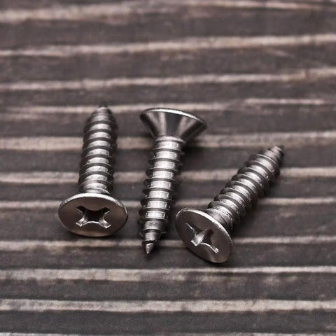 Built Like A Tank 50 Pack Flat Head Sheet Metal Screws 304 Stainless Steel Phillips Drive in a close-up view.