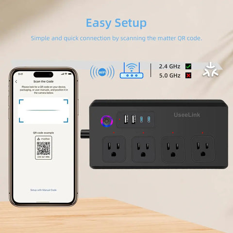 Badass Smart Power Strip With Matter Tech Works With Alexa Google Home Apple Homekit Individual Outlet Switches 4 Ac Outlets And 4 Usb Ports Pd 20W Lightning Fast Charging Desk Hub for easy setup with phone scanning QR code.