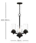Farmhouse Chandelier Three Head LED Light Fixture In Black Matte Finish 19in wide 80.98in tall with glass shades