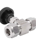 Front view of a high-pressure needle valve, 304 stainless steel, 1/2 in female ports, knurled knob