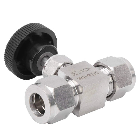 Front view of a high-pressure needle valve, 304 stainless steel, 1/2 in female ports, knurled knob