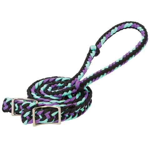 Braided Nylon Barrel Rein Half Inch By Eight Foot With Easy Grip Knots And Nickel Conway Buckle Bit Ends In Hurricane Blue