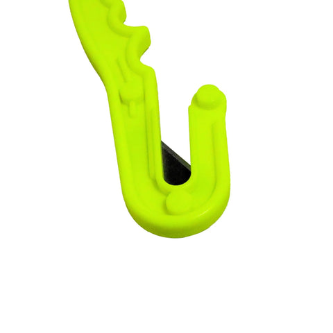Close-up of yellow tip of Beefy Waterproof 8 Inch Diving Line Cutter With Firm Grip Handle, Compact Underwater Tool for Fishing, Spearfishing.