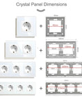 Modern EU Standard Glass Wall Socket With Triple Power Outlets And Heavy Duty 16A Rating dimensions showing panel sizes in mm.