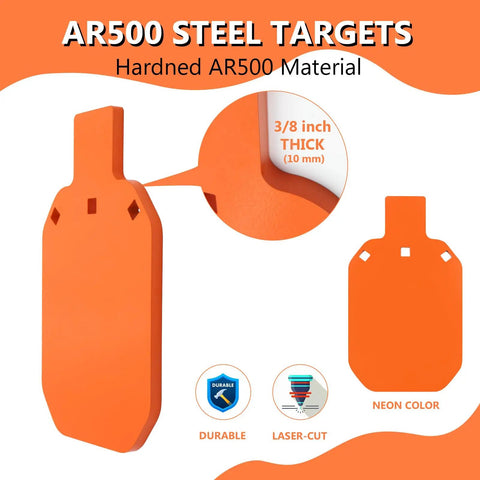 7 By 12 Inch AR500 Steel Targets, Three Eighths Inch Thick Gong Silhouette, Neon Orange, Heavy Duty Pistol And Rifle Training Target