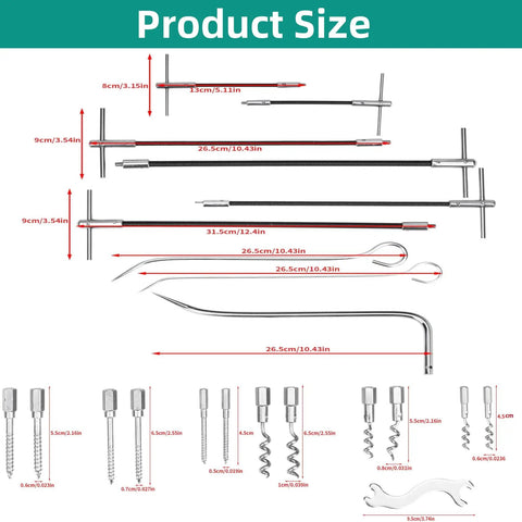 Pro Grade 23 Piece Packing Extractor Kit With Stainless Steel Removable Tips, shown with tool measurements for size reference