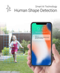 Outdoor Security Cam With Color Night Vision, AI Person Detection, screen alert showing human detection in the garden.