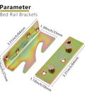 Heavy Duty Bed Rail Brackets Set Of Four Gold Anti Rust Steel Frame Hardware With Screws For Quick Non Mortise Install Top Shelf Load Bearing Design showing dimensions.