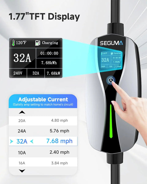 Close-up of Tesla Level 2 EV Charger 32 Amp 240V 7.68kW NEMA 14-50 with adjustable current touchscreen display.