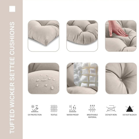 Outdoor Wicker Chair Cushions 3 Piece Set For Patio Furniture Includes One Loveseat Cushion 44x22x4 And Two U Shaped Cushions 22x22x4 Indoor Outdoor Use Fade Resistant And Waterproof Taupe, tufted fabric close-up with water droplets, hand pressing softness, and breathable filling.