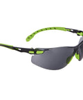 Solus 1000 Safety Glasses With Scotchgard Anti Fog Coating Gray Lenses Green Black Frame Padded Temples Soft Nosebridge UV Protection ANSI Z87