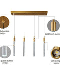 4 Light Gold Brass Pendant Light Fixture For Kitchen Island Modern Dimmable LED Bulbs Minimalist Pendant Lighting For Dining Room And Living Room Bubble Crystal Column Accent Lit Ambient Glow with labeled features including adjustable height, bubble crystal, and LED source.