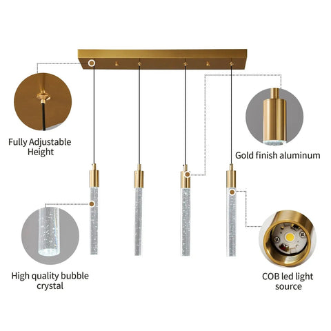 4 Light Gold Brass Pendant Light Fixture For Kitchen Island Modern Dimmable LED Bulbs Minimalist Pendant Lighting For Dining Room And Living Room Bubble Crystal Column Accent Lit Ambient Glow with labeled features including adjustable height, bubble crystal, and LED source.