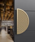 Gold Semi Circular Barn Door Handle Double Sided Push Pull Knob With Non Slip Bumps installed on a modern interior door.