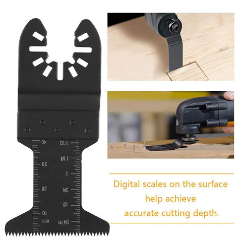 44mm High Carbon Oscillating Saw Blade Set For Plunge Cuts, showcasing blade with digital depth scale for precise cutting.