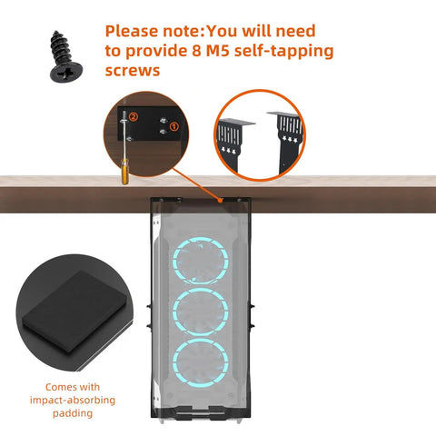 Hella Sturdy Under Desk Computer Mount Gonna Lock Your Main Rig Tight showing M5 screw installation under a desk with impact-absorbing padding.