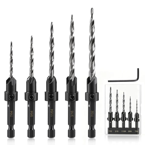 Kickstart Your Shop Projects With This 5 Piece High Speed Steel Countersink Drill Bit Set in various sizes with hex shank.