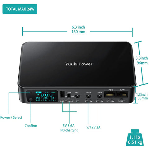 Power Battery Backup For Router And CCTV System With 18000mAh 66Wh Battery 6.3 inch unit with various power inputs and LCD display.