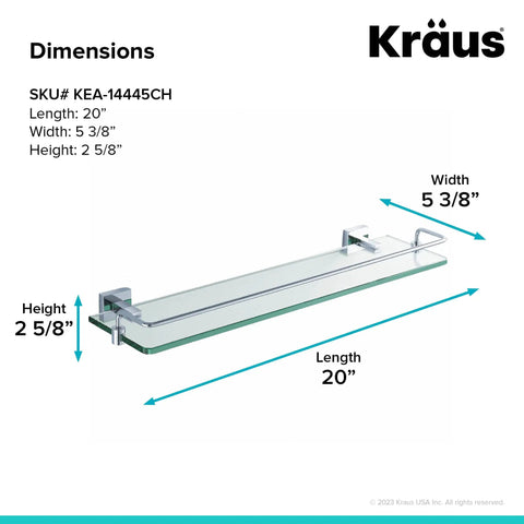 Chrome Glass Bathroom Shelf With Railing Built To Last With Durable Solid Brass Construction And Tempered Glass Rust And Corrosion Resistant Finish Easy Install With All Mounting Hardware Sleek Modern Or Classic Style For Superior Bathroom Storage, dimensions shown 20x5 3/8x2 5/8 inches