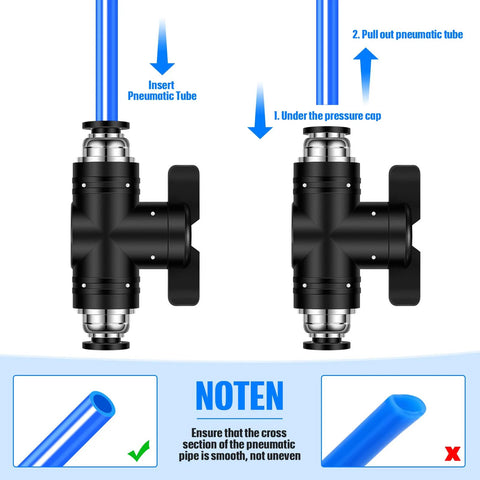 Two black push-to-connect pneumatic ball valves with 1/4" OD blue tubes; front and side views.