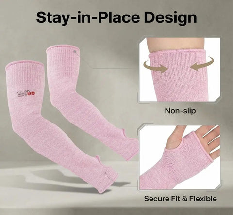 Heavy Duty Cut Resistant Arm Sleeves With Thumb Holes For Mechanics And Glass Handling Shielding Delicate Skin Straight Up Like Body Armor In Pink Pair view showing non-slip design and secure fit.