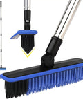 Close-up of blue long handle V shaped grout scrub brush with built in squeegee edge, showing stiff bristles and swivel head