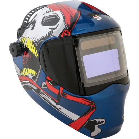 Captain Jack RFP 40VizI4 Auto Darkening Welding Helmet With 180 Degree Vision, skull design, royal blue, side view.